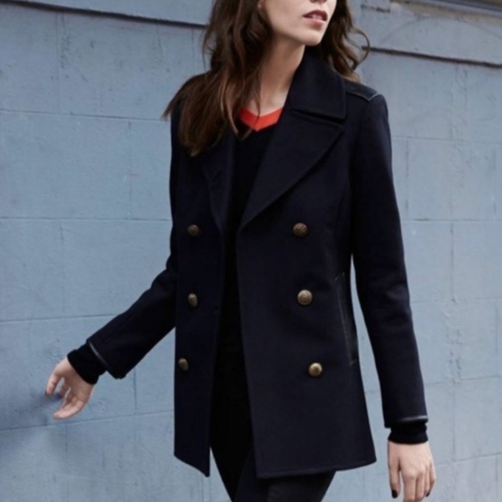 Rag & Bone Womens Black Wool Blend Lamb Leather Battle Peacoat Size Large